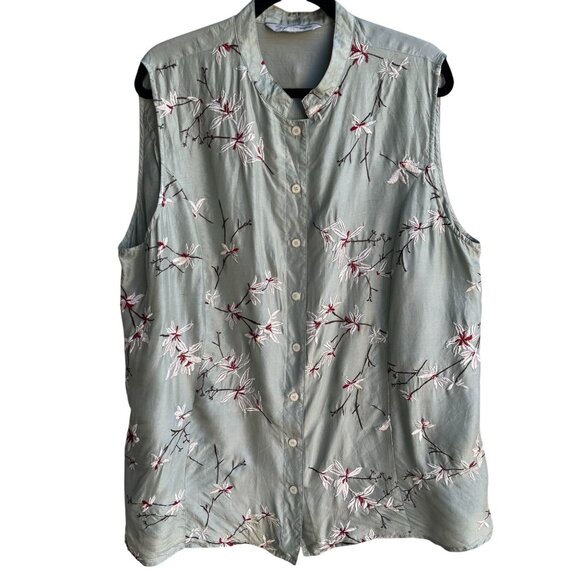 Soft By Avenue Womens Silk Sleeveless Floral Embroidered Button-Up Blouse 22/24 - Picture 1 of 12